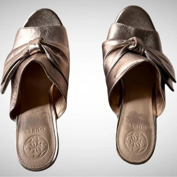 GUESS Gold Hotlove Leather Open Toe Platform Wedge Sandals | Size 7 - Picture 4 of 6